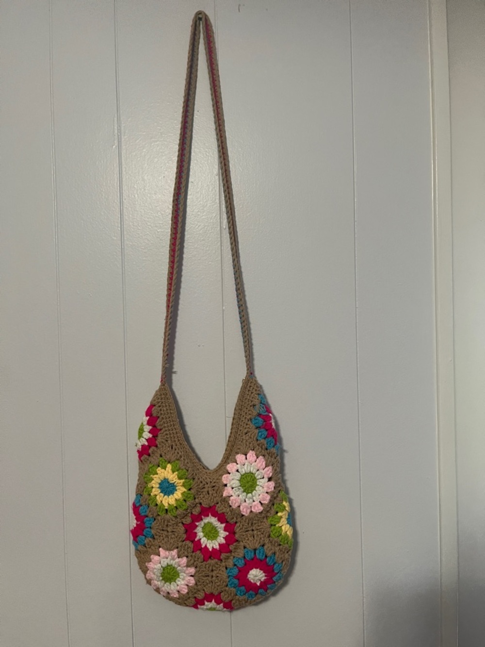 Handcrafted Multicolor Crochet Shoulder Bag - Brown and Floral Accents